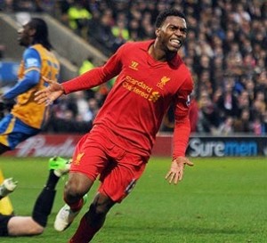 Daniel Sturridge celebrates scoring for Liverpool against Mansfield in the third round of the FA Cup